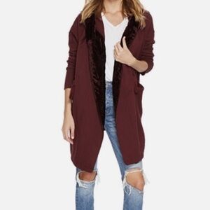 Free People Westwood Hooded Cardigan Velvet Trimmed Berry Red Sweater Hoodie SM